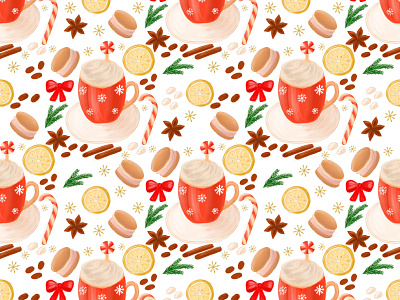 Christmas seamless pattern with cup of hot cacao, marshmallows. branding design hand drawn illustration pattern