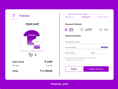 Teego | Credit Card Checkout Page - DailyUI 002 bank checkout concept creditcard dailyui dailyuichallenge design ecom ecommerce pay payment paymentmethod tech tshirt ui uiux ux web webdesign webpage