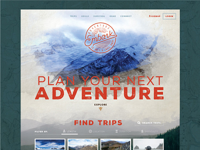 Embark Adventure Site adventure backpacking branding logo outdoors stamp texture website