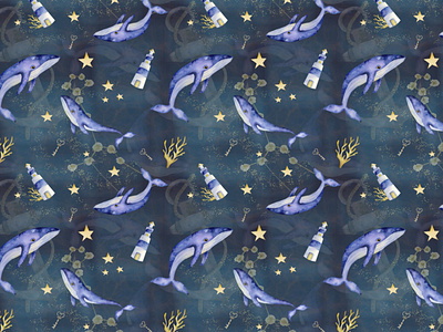 Whales in the ocean childrens textiles illustration lighthouses ocean scrapbooking seamless patter textile watercolor pattern watercolor print whales wrapping paper