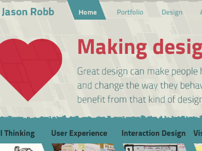 Making designs people love heart home page parallelograms photoshop red redesign teal titillium