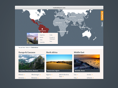 Travel Destinations destinations globe map menu tooltip travel webdesign website