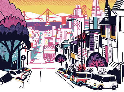 SF Broadway Street brige bright colors california cars city city illustration editorial ink san francisco sketch tree urban usa view