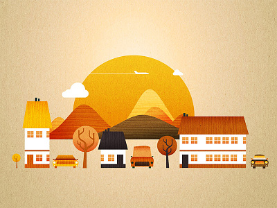 Landscape car character childrensbook flat geometric house illustration simple vector vintage