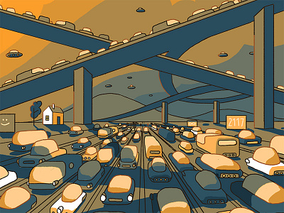 Village 100 years from now car cartoon childrensbook colors fresh future highway illustration surreal
