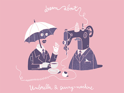 Dream about umbrella & sewing machine cartoon childrensbook colors dream illustration pink surreal