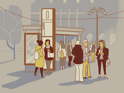 Central station tram stop in Gothenburg cartoon city illustration line lineart minimal people sweden urban