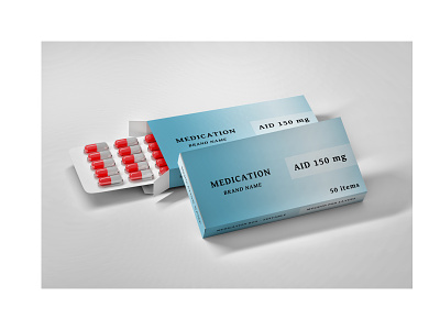 Stationery mockup with medication boxes and pills.