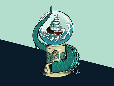 Kraken Gumball Machine arcade comic creature design gumball halftone. illustration sailor sea