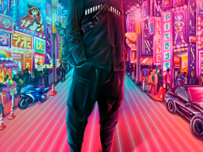 Gorec in the big neon city 🦅🌃 80s cg city design fashion illustration japan man neon night synthwave techwear