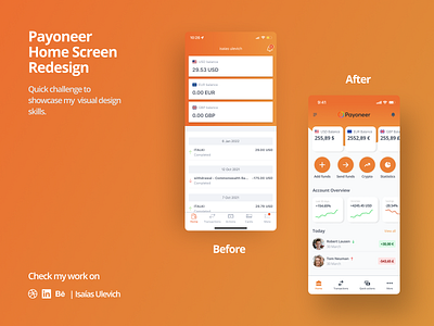 Redesign Payoneer Home Screen - Mobile App - UI Challenge app app design design design challenge figma payoneer ui user experience design ux
