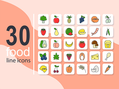 Set of 30 food line color icons graphic design menu