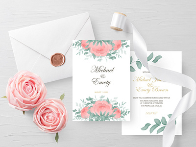 Wedding invitation with peonies and greenery bloom branding