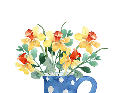 Bouquet of daffodils blue pot botanic botanical bouquet design eucalyptus flower handmade home decor home decoration illustration narcissus postcard spring flowers watercolor yellow