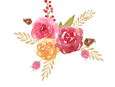 Watercolor roses botanic bouquet bud composition design flower gold illustration leaves red berry roses watercolor yellow