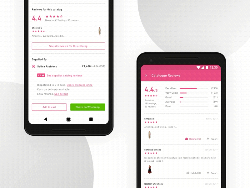 Introducing Catalog Reviews & Ratings on Meesho App android app design e-commerce fashion mobile pink product ratings reviews ui ux