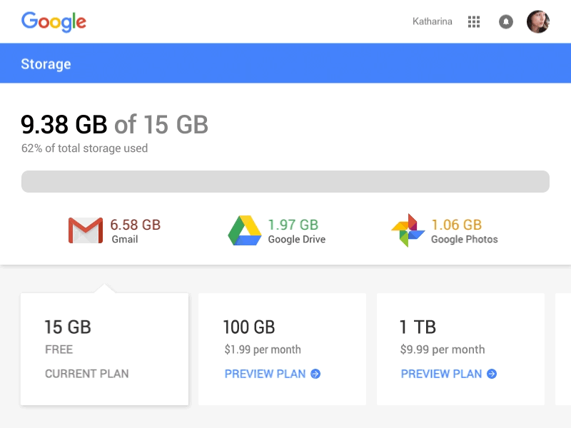 Redesign of Google storage page