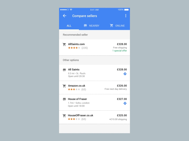 Compare sellers compare e commerce google interaction map material design nearby price check shop shopping ui ux