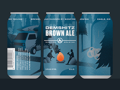 Demshitz Brown Ale beer bonfire brewery brewing campfire can colorado illustration kayak stippling texture