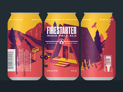 Firestarter IPA beer bonfire brewing cabin can colorado illustration mountain outdoors packaging scenic