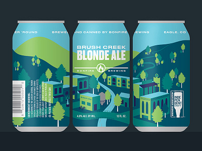 Brush Creek Blonde beer bonfire brewery brewing can colorado illustration mountain packaging perspective scenic town
