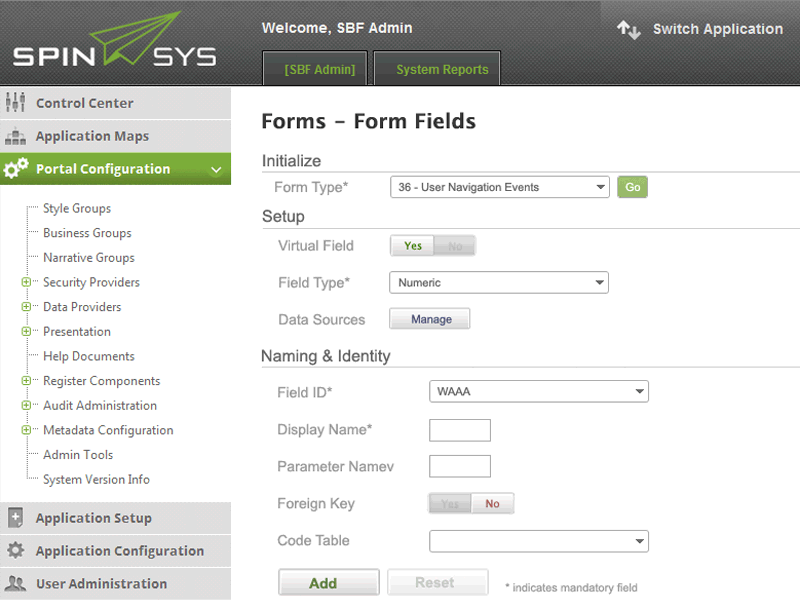 Spin Business Framework Admin Screen