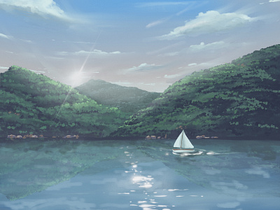 Morning in the Fishing Village background boat design digital art illustration landscape nature ocean procreate village
