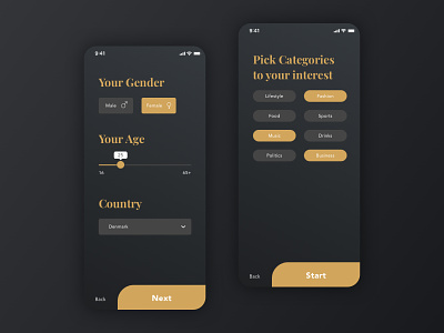 UI form in gold aesthetics black app black ui black ux dark app dark mode dark theme dark ui gold ui