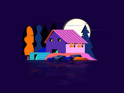 nowhere house illustration moon night rock tree vector wood