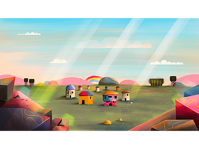 Village clouds game concept style frame village