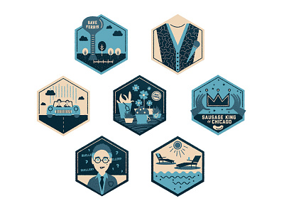 Ferris Bueller's Day Off Badges 80s badges bueller car clouds crown fence ferris flick flowers hands icons john hughes line microphone monotone sausage save skillshare sun sweater vest teacher teen movie texture trees water water tower