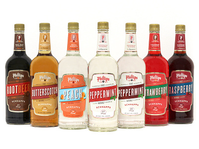 Phillips Schnapps Family bottle family flavors label liquor peach peppermint phillips redesign root beer shot spirits