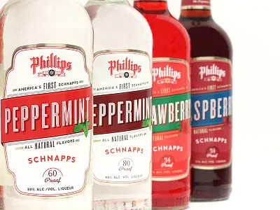 Phillips Schnapps Close Up 2 bottle family flavors label liquor peppermint phillips raspberry redesign shot spirits strawberry