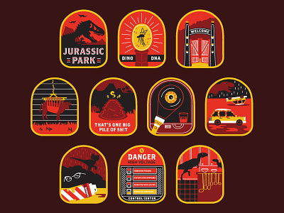 Jurassic Park Badges badges dino dinosaurs dna icons illustration jeep jurassic mosquito movie park rain
