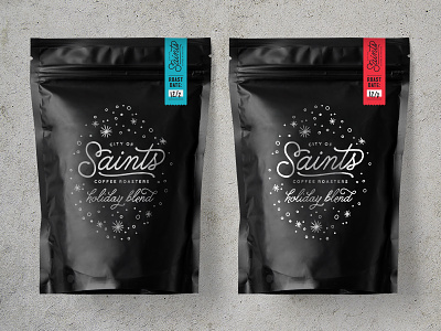 City of Saints: Holiday Packaging coffee coffeehouse design illustration label latte logo package design packaging roast script tag