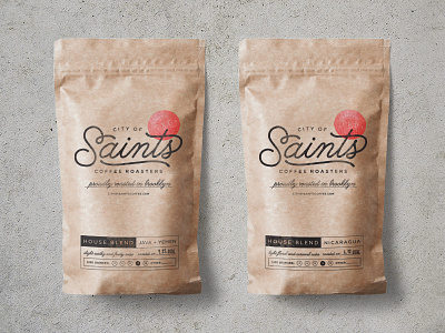 City of Saints: House Blend Packaging coffee coffeehouse design illustration label latte logo package design packaging roast script tag