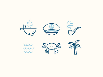 Yacht Club Icons crab hat icons illustration linework palm tree pipe smoke water waves whale