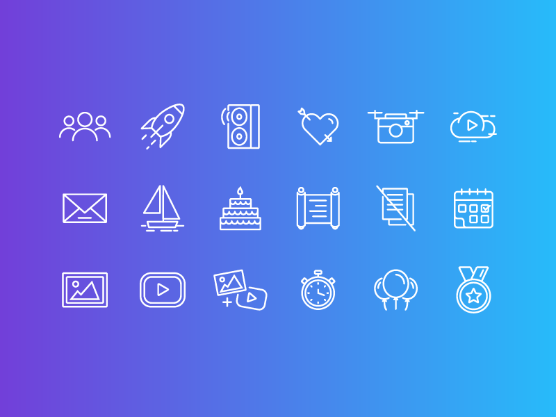 Drone service icon set music sport weeding event birthday video photo white linear icons icon gradient