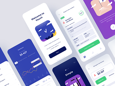 Vouch App app banking blue branding design finance illustration investment mobile mobile app mobile app design ui ux vector white yellow