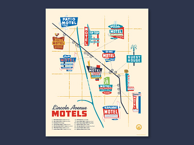 Lincoln Avenue Motels chicago illustration map mcm midcentury neon