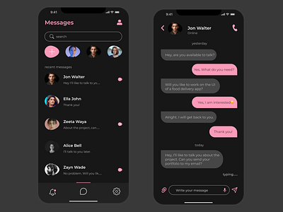 Direct message app black daily ui dark mode design direct message message pink ui ux vector