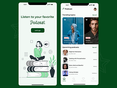 Podcast app app design green illustration listen music podcast typography ui uiux