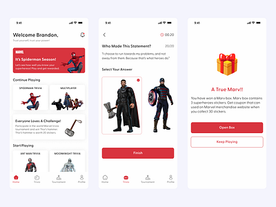 Marvel Trivia App app design game marvel mobile app trivia ui