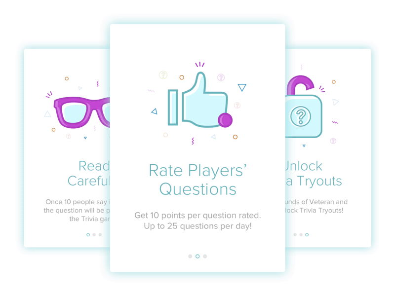Trivia Tryouts Onboarding Illustrations dislike glasses icons illustrations like lock question questions rate read trivia unlock