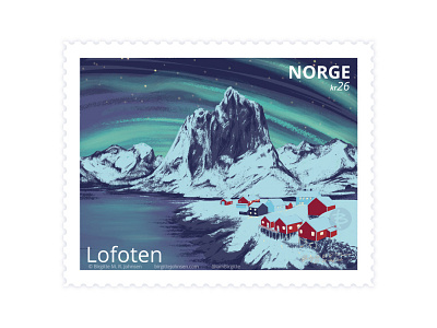 Lofoten, Norway art digital art digital illustration illustration landscape limited colour palette limited colours lofoten northern lights norway scenery stamp stamp design visit norway