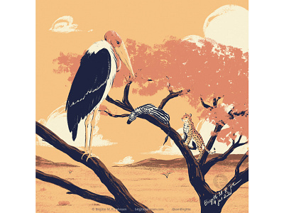 Marabou stork animal art digital art digital illustration huely huely challenge huely2020 hunter and prey illustration landscape leopard limited colour palette limited colours marabou stork savannah stork zebra