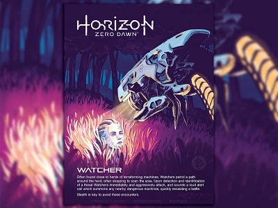 Horizon Zero Dawn - Watcher info poster aloy art design digital art digital illustration fan art fanart gaming guerrilla guerrilla games horizon horizon zero dawn hzd illustration limited colour palette limited colours poster watcher