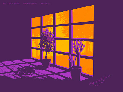 Floor to ceiling window art contrasts digital art digital illustration exterior illustration interior limited color palette limited colors limited colour palette limited colours nature plants
