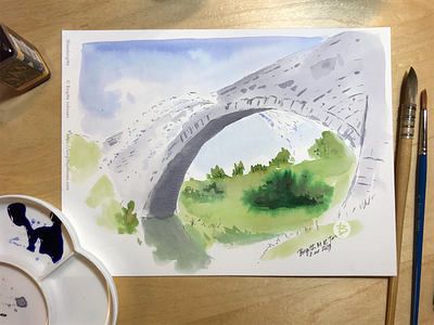 Inktober day 2: Tsujunkyo Bridge art illustration ink ink drawing ink painting inktober inktober2019 japan japanese scenery kumamoto landscape limited colour palette limited colours scenery tsujunkyo bridge