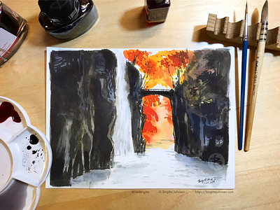 Inktober day 3, Takachiho Gorge art autumn illustration ink ink drawing ink painting inktober inktober2019 japan japanese scenery landscape limited colour palette limited colours miyazaki scenery takachiho gorge